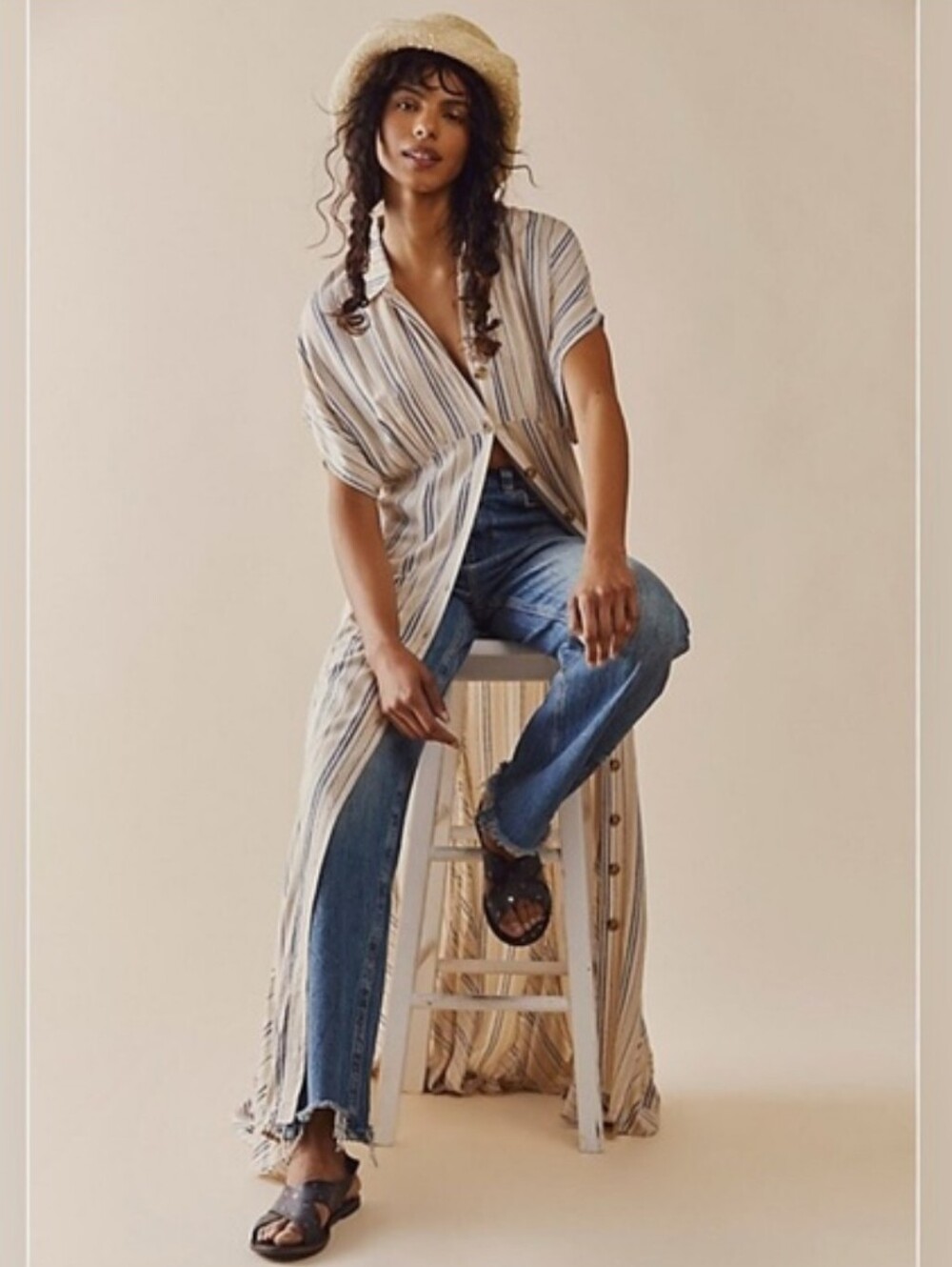 Free People Rowan Striped Button Front Maxi Dress Cream S